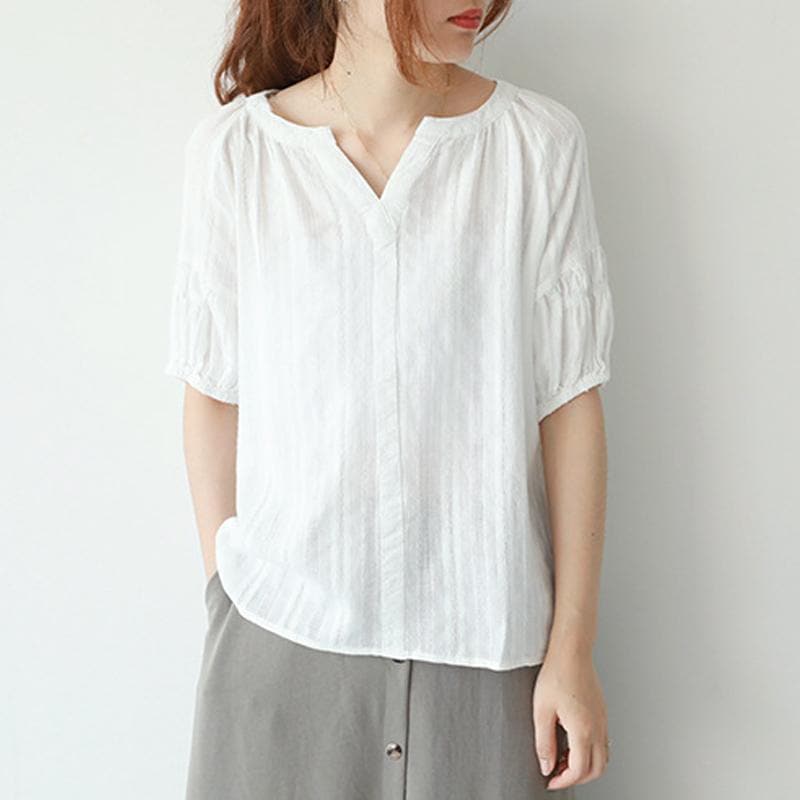 Cotton and Linen V Neck T-Shirt Blouse dylinoshop