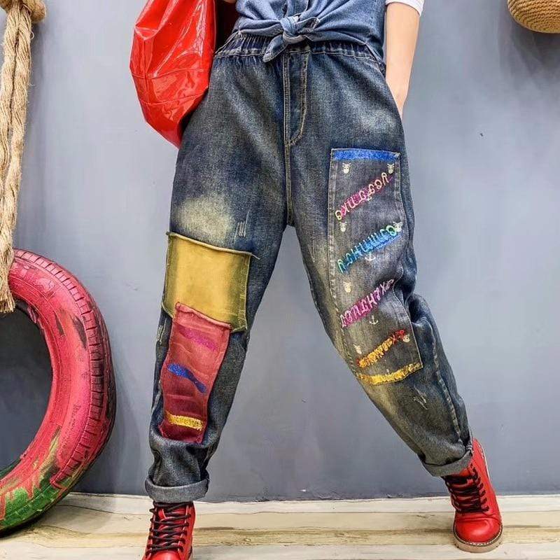 High Waisted Boyfriend Patchwork Jeans dylinoshop