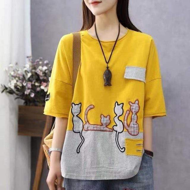 Cartoon Cat Loose Casual T-Shirts dylinoshop