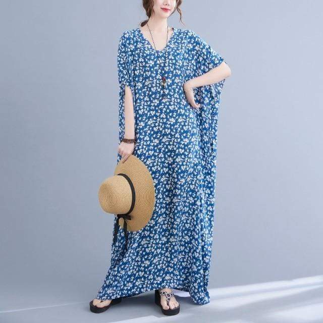 Azalea Floral Blue Kaftan Dress Buddhatrends