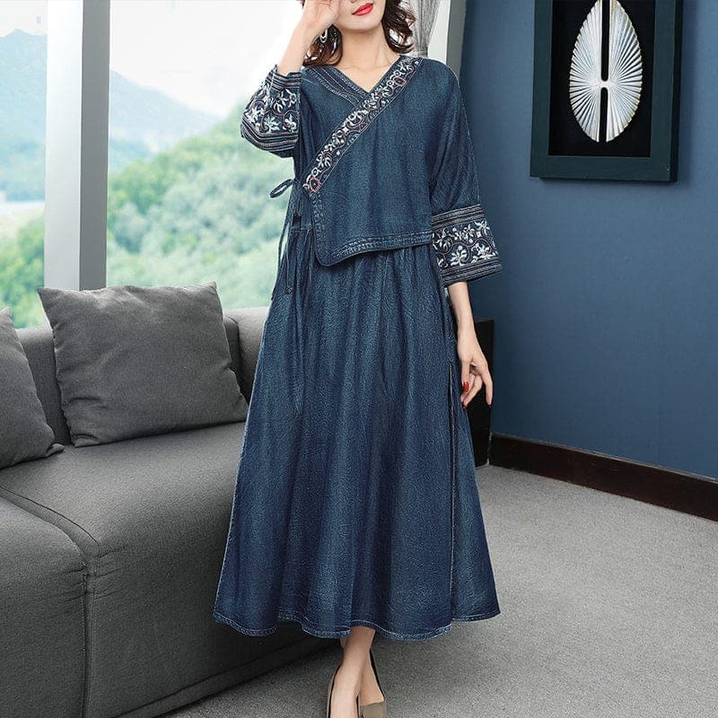 Lilianne 3\4 Sleeve Denim Midi Dress Buddhatrends