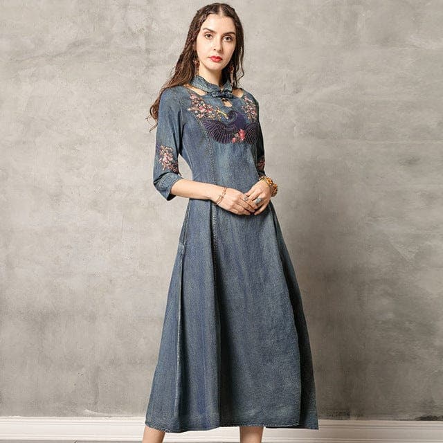 Swan Embroidered Denim Dresses Buddhatrends