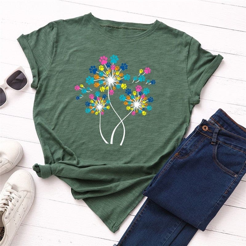 Paw Petals Dandelion Cotton T-Shirt Buddhatrends