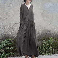 V Neck Long Sleeve Linen Dress | Lotus Buddhatrends