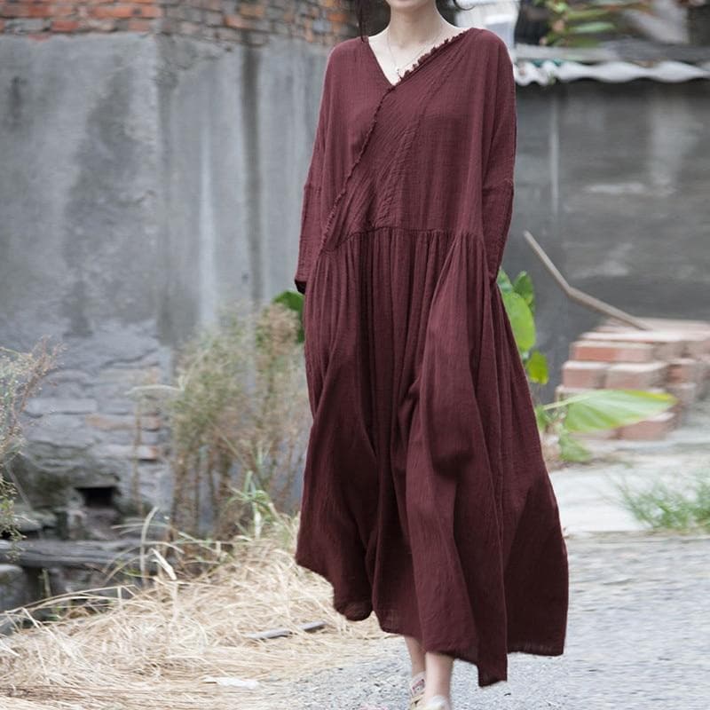 V Neck Long Sleeve Linen Dress | Lotus Buddhatrends