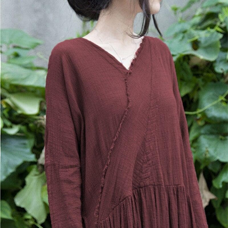 V Neck Long Sleeve Linen Dress | Lotus Buddhatrends