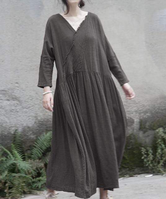 V Neck Long Sleeve Linen Dress | Lotus Buddhatrends