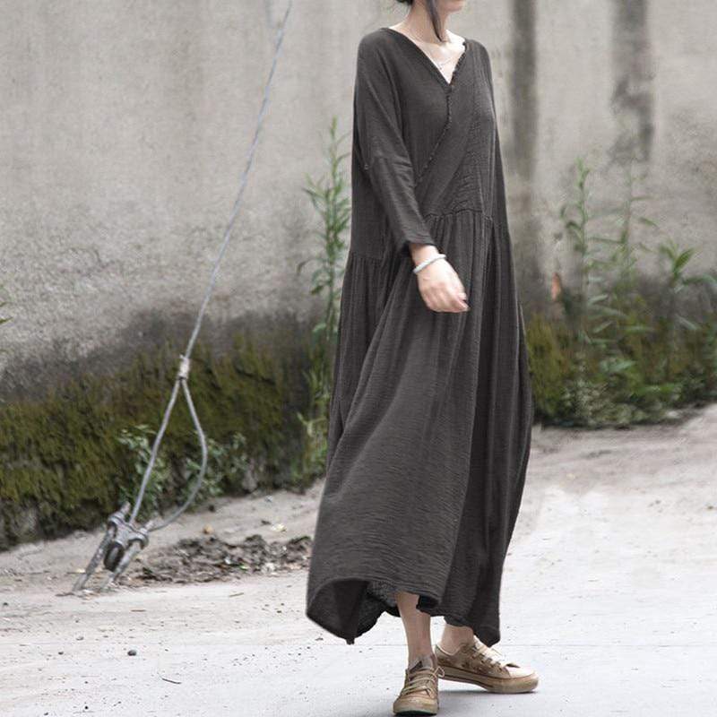 V Neck Long Sleeve Linen Dress | Lotus Buddhatrends