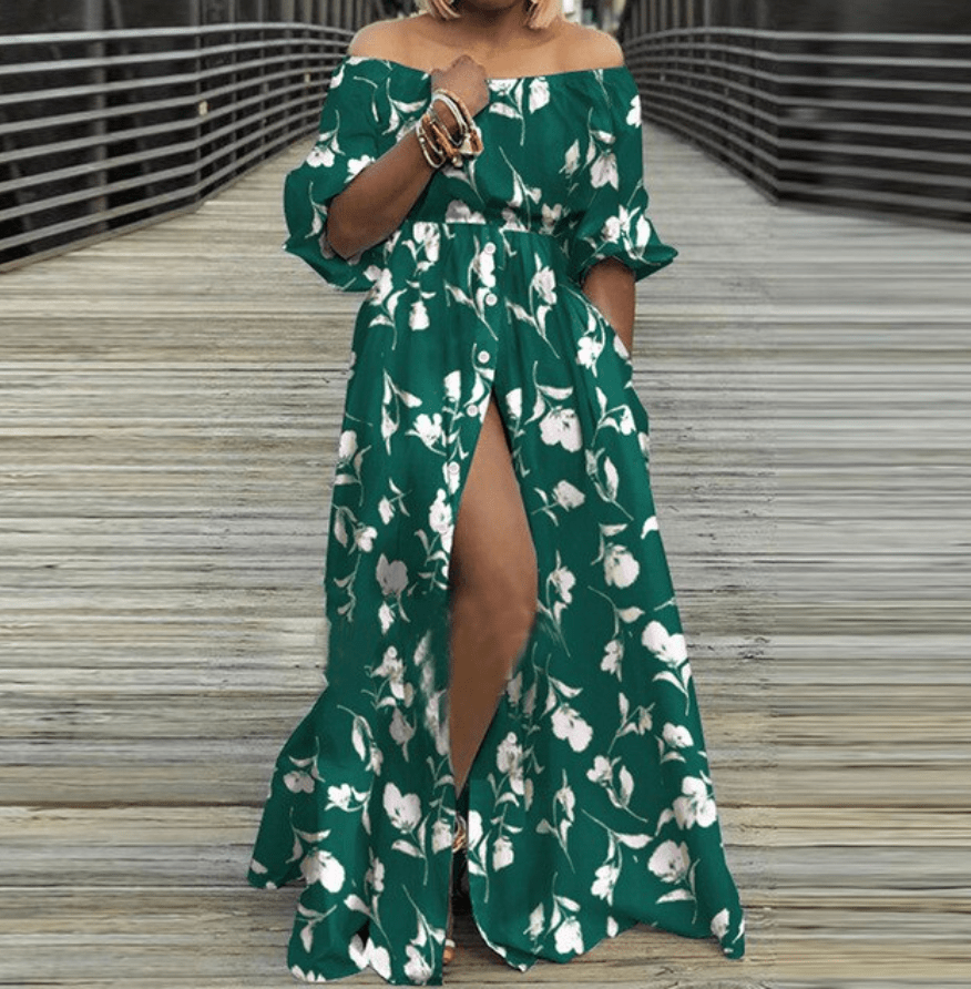 Off Shoulder High Split Maxi Dress Buddhatrends