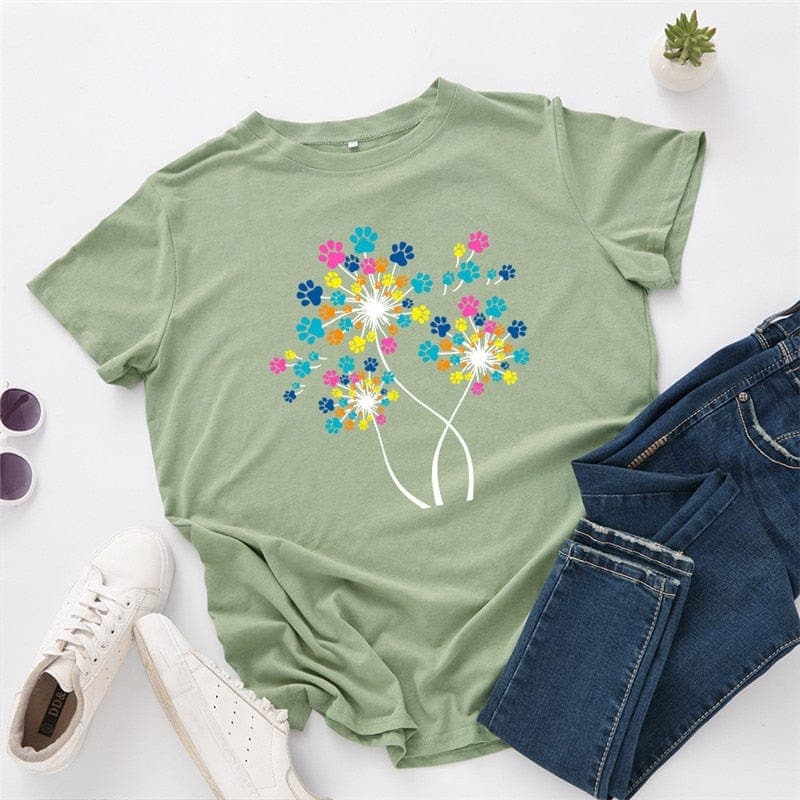 Paw Petals Dandelion Cotton T-Shirt Buddhatrends