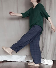 Blue Plaid Cotton Linen Pants | Lotus Buddhatrends