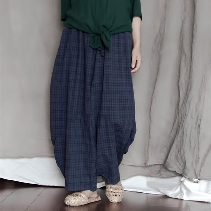 Blue Plaid Cotton Linen Pants | Lotus Buddhatrends