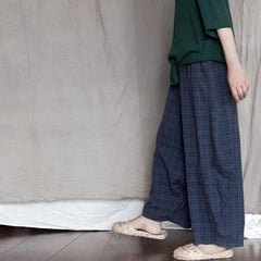 Blue Plaid Cotton Linen Pants | Lotus Buddhatrends