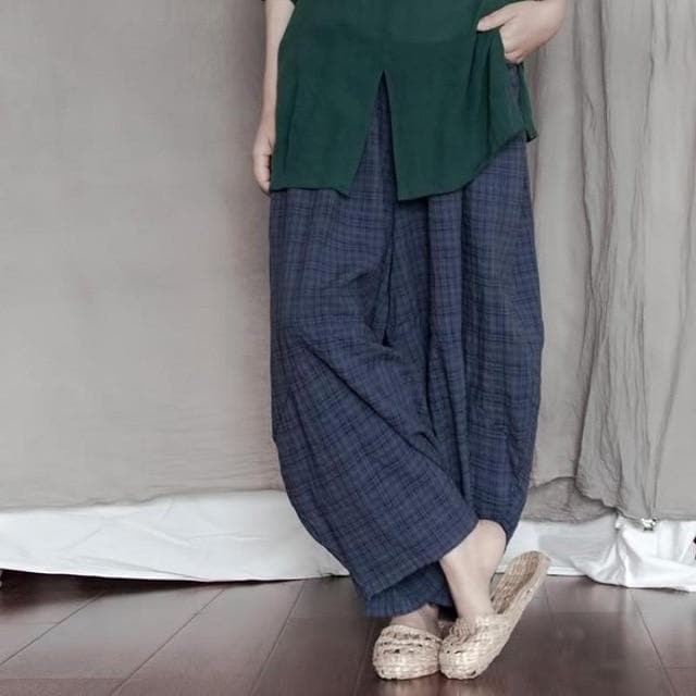 Blue Plaid Cotton Linen Pants | Lotus Buddhatrends