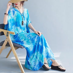 Blue Tie-Dye Floral Kaftan Dress Buddhatrends