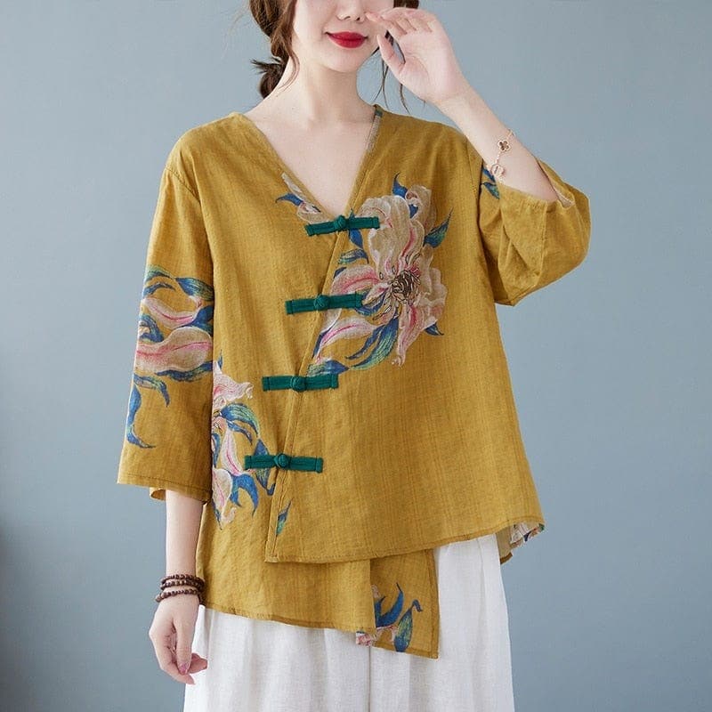 Floral Cotton Linen Oversized Blouse Buddhatrends