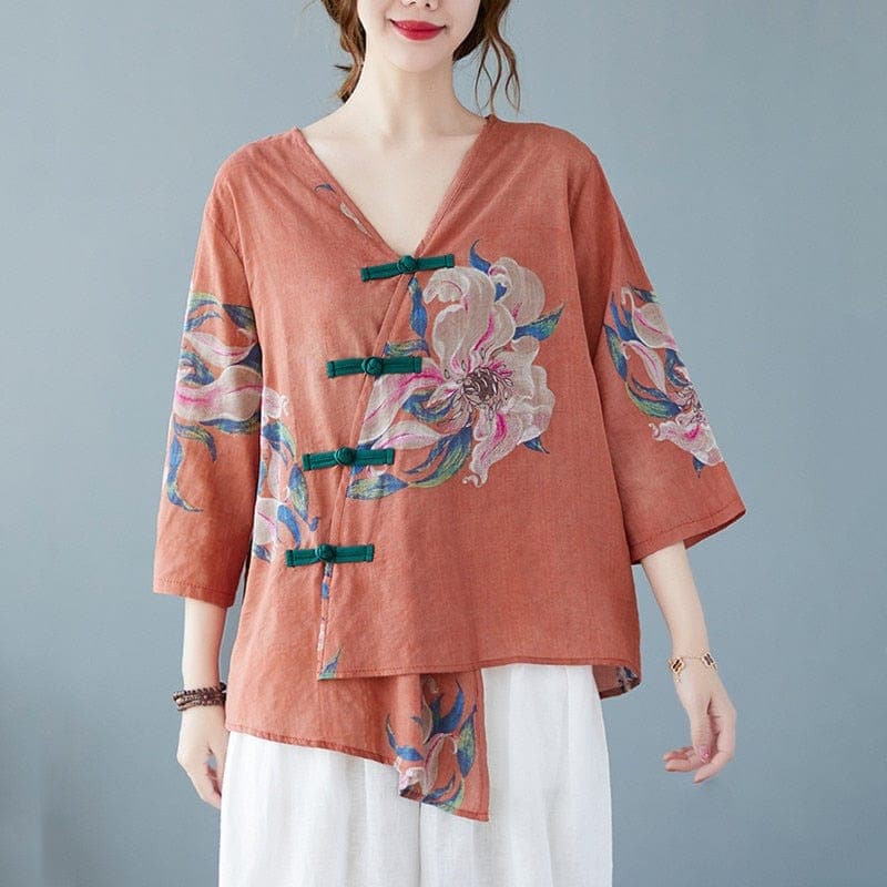 Floral Cotton Linen Oversized Blouse Buddhatrends