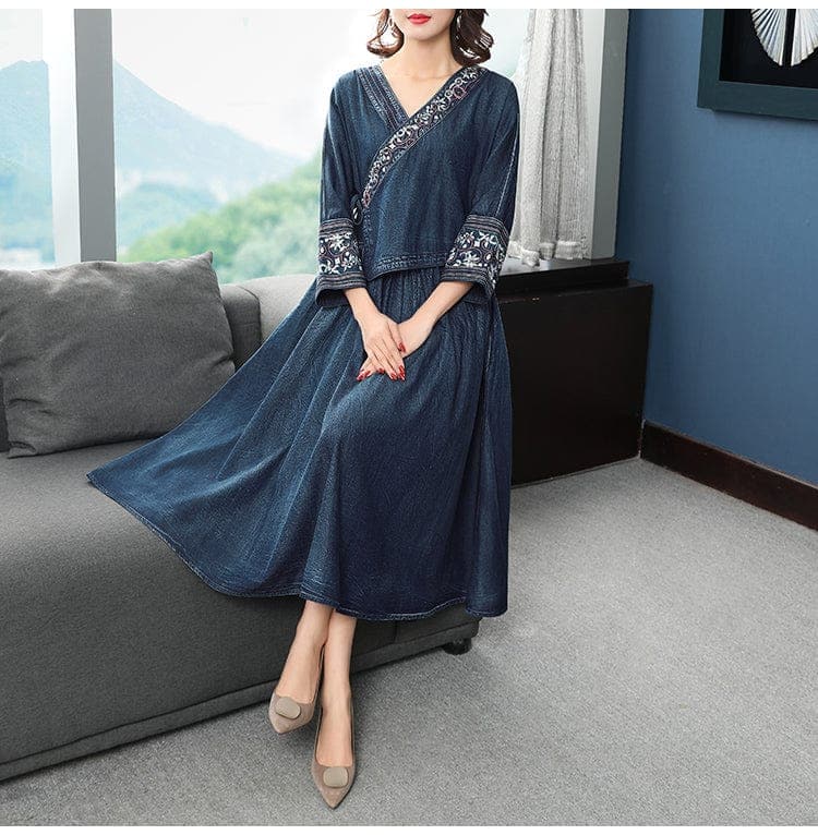 Lilianne 3\4 Sleeve Denim Midi Dress Buddhatrends