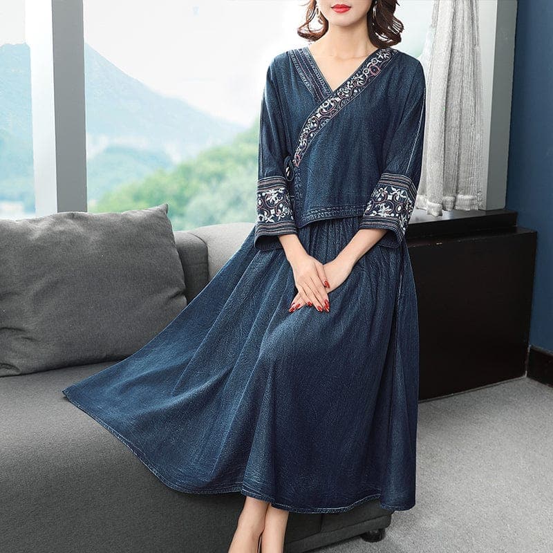 Lilianne 3\4 Sleeve Denim Midi Dress Buddhatrends