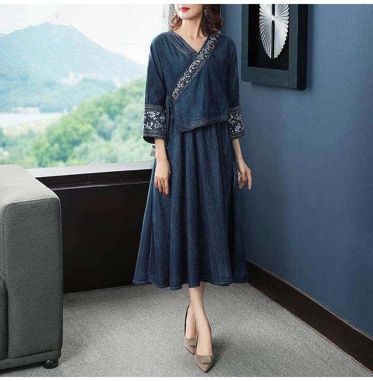 Lilianne 3\4 Sleeve Denim Midi Dress Buddhatrends