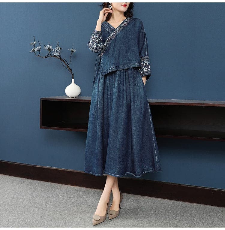 Lilianne 3\4 Sleeve Denim Midi Dress Buddhatrends