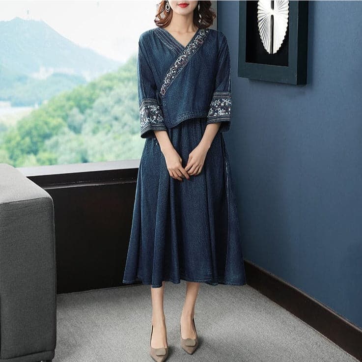 Lilianne 3\4 Sleeve Denim Midi Dress Buddhatrends