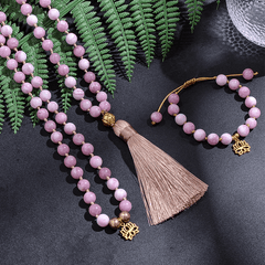 Lotus Kunzite 108 Mala Beads Tassel Necklace Set Buddhatrends