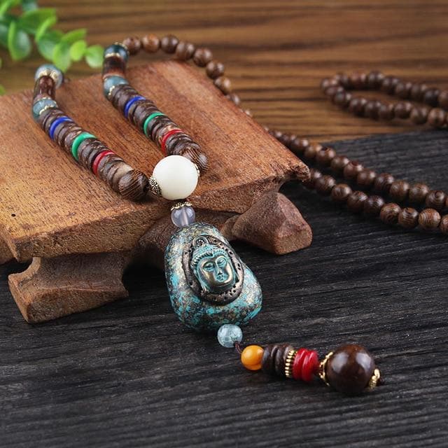 Meditating Buddha Wooden Mala Necklace Buddhatrends