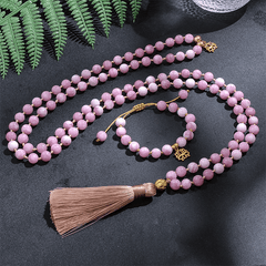 Lotus Kunzite 108 Mala Beads Tassel Necklace Set Buddhatrends