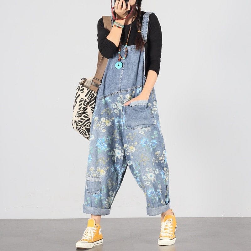 Light Blue Floral Denim Overall Buddhatrends