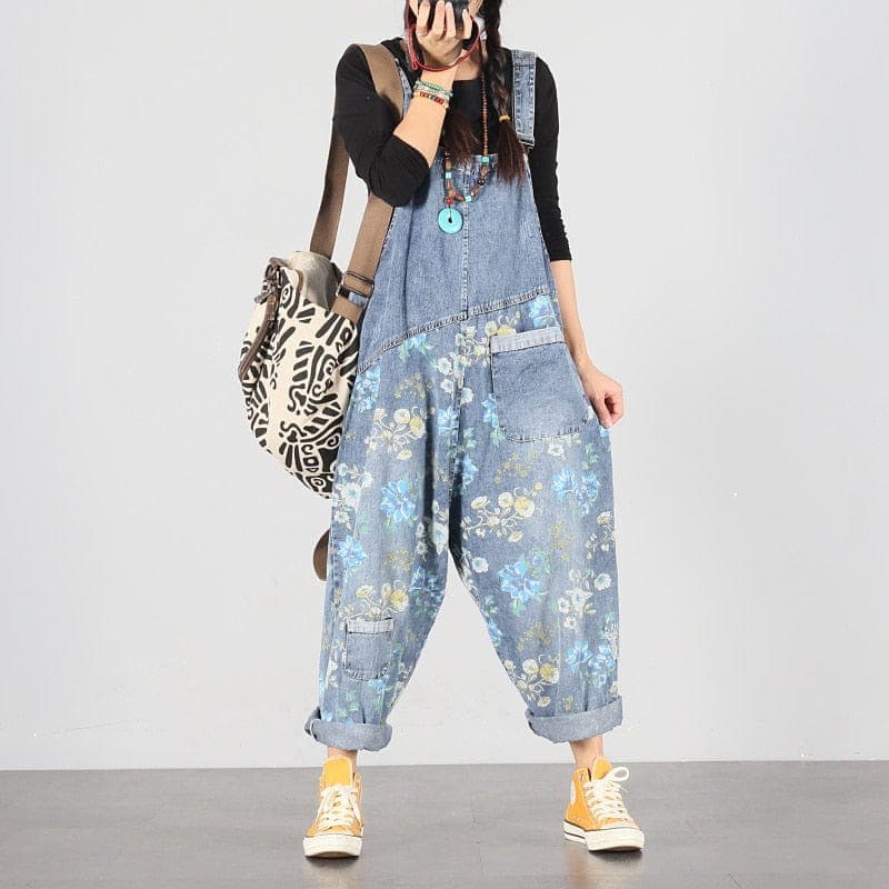 Light Blue Floral Denim Overall Buddhatrends