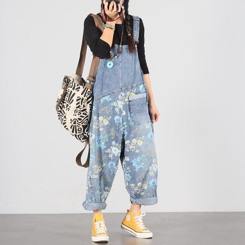 Light Blue Floral Denim Overall Buddhatrends