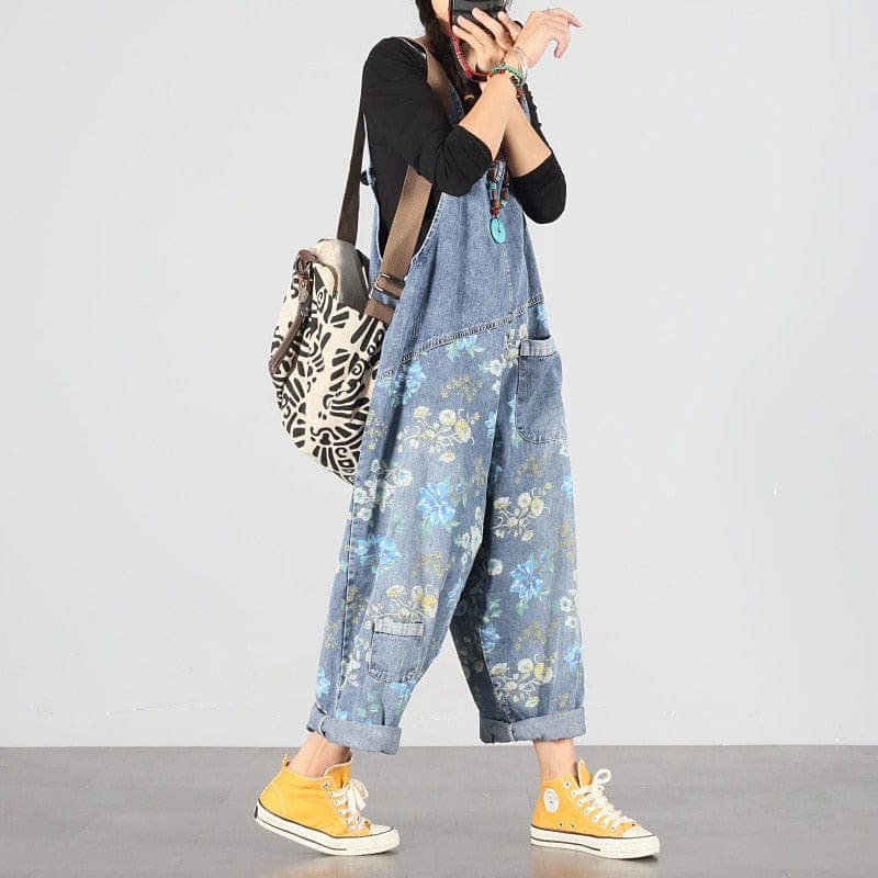 Light Blue Floral Denim Overall Buddhatrends