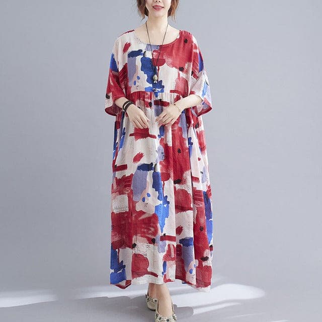 Abstract Painting Half Sleeve Midi Dress DYLINOSHOP