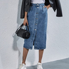 Button Front High Waist Denim Skirt Buddhatrends