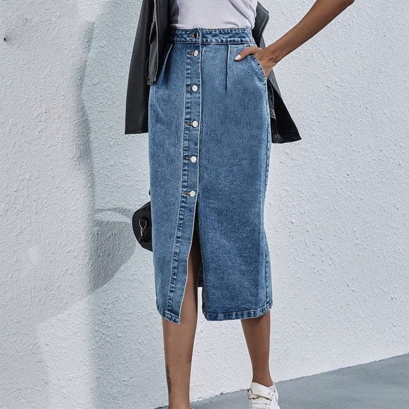 Button Front High Waist Denim Skirt Buddhatrends