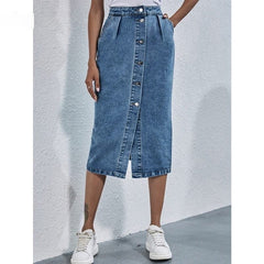 Button Front High Waist Denim Skirt Buddhatrends