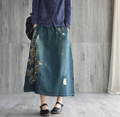 Rhea Floral Embroidered Denim Skirt Buddhatrends