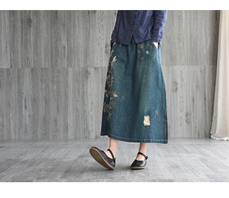 Rhea Floral Embroidered Denim Skirt Buddhatrends