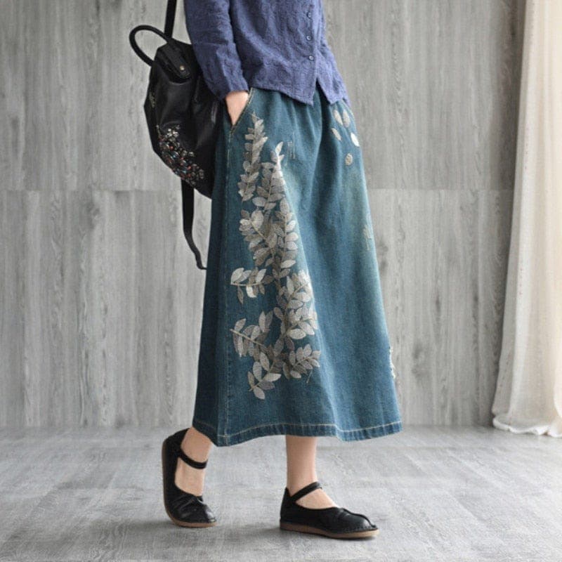 Rhea Floral Embroidered Denim Skirt Buddhatrends