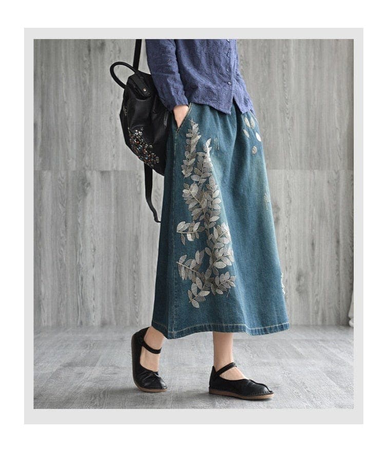 Rhea Floral Embroidered Denim Skirt Buddhatrends