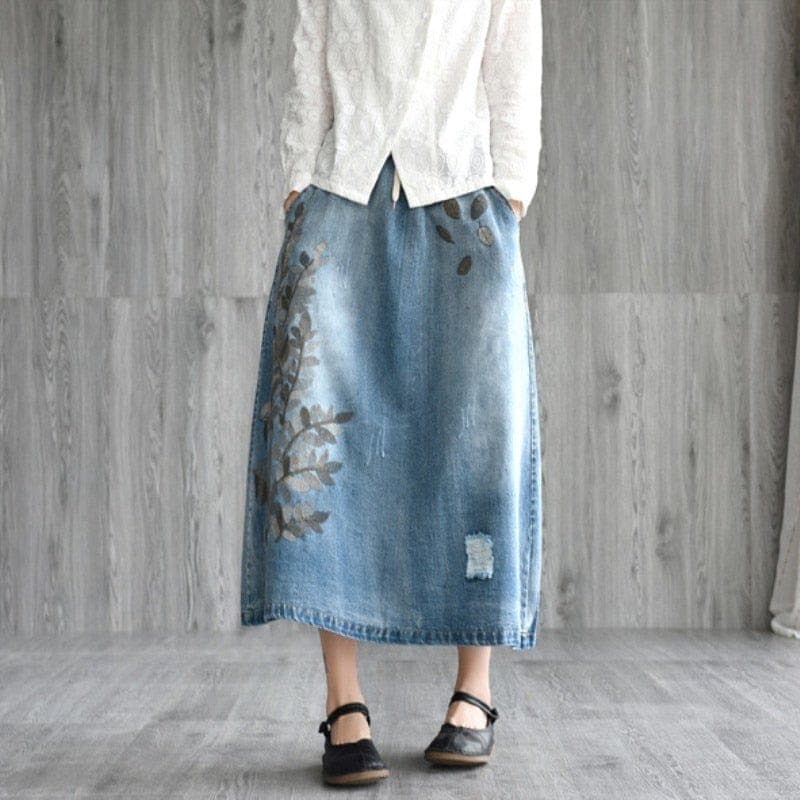 Rhea Floral Embroidered Denim Skirt Buddhatrends