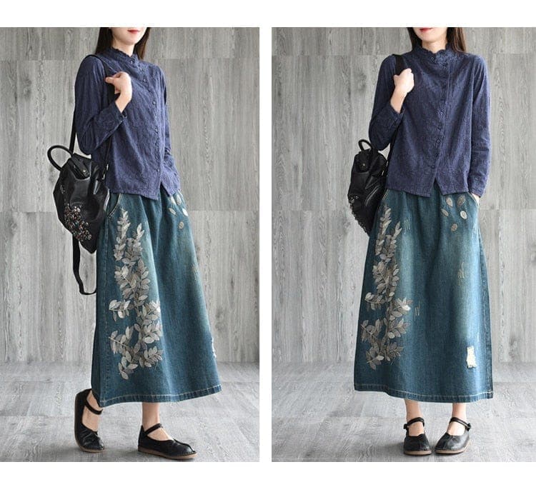 Rhea Floral Embroidered Denim Skirt Buddhatrends