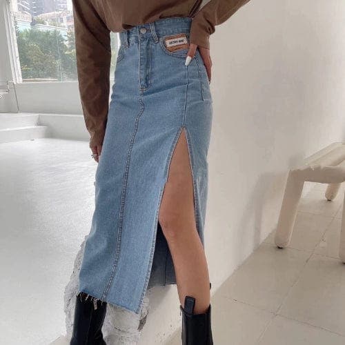 Straight Cut Denim Split Skirt Buddhatrends