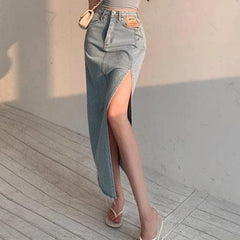 Straight Cut Denim Split Skirt Buddhatrends