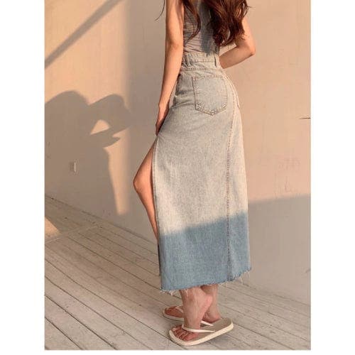 Straight Cut Denim Split Skirt Buddhatrends