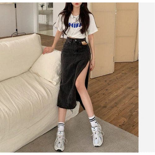 Straight Cut Denim Split Skirt Buddhatrends