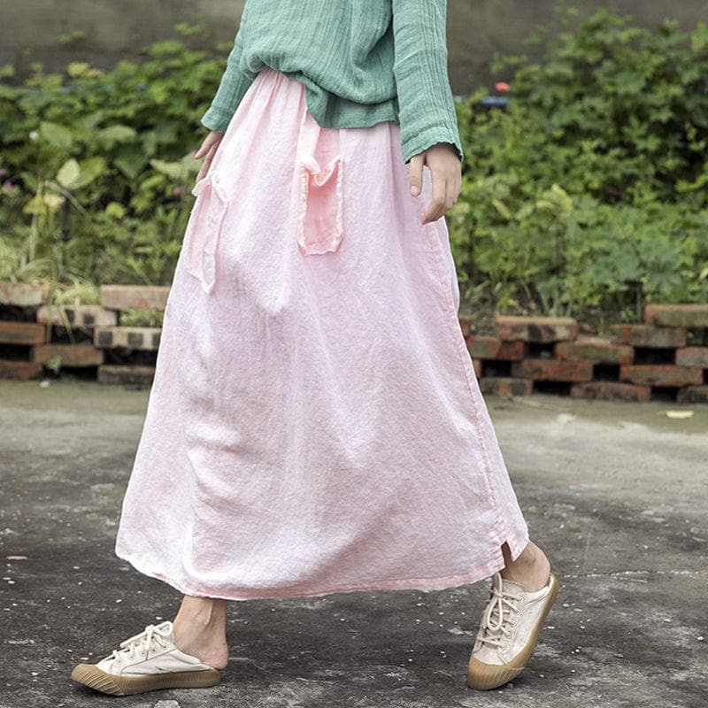 Soft Pink Linen Midi Skirt Buddhatrends