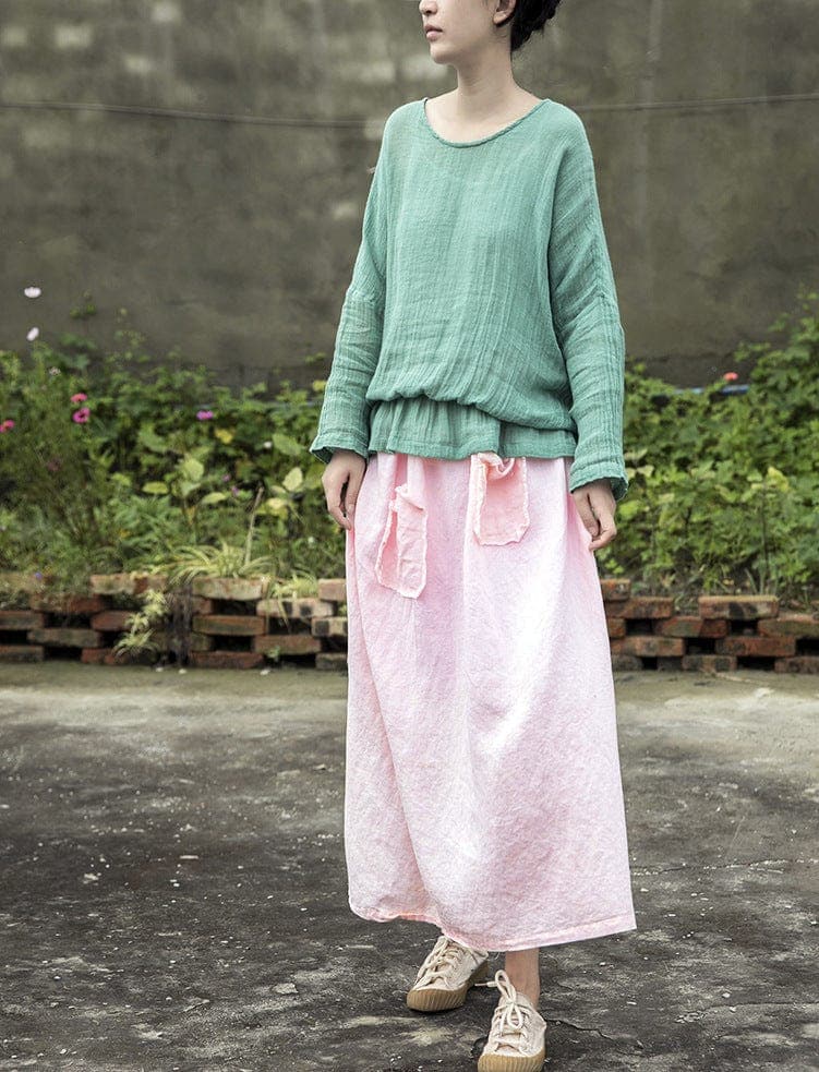 Soft Pink Linen Midi Skirt Buddhatrends