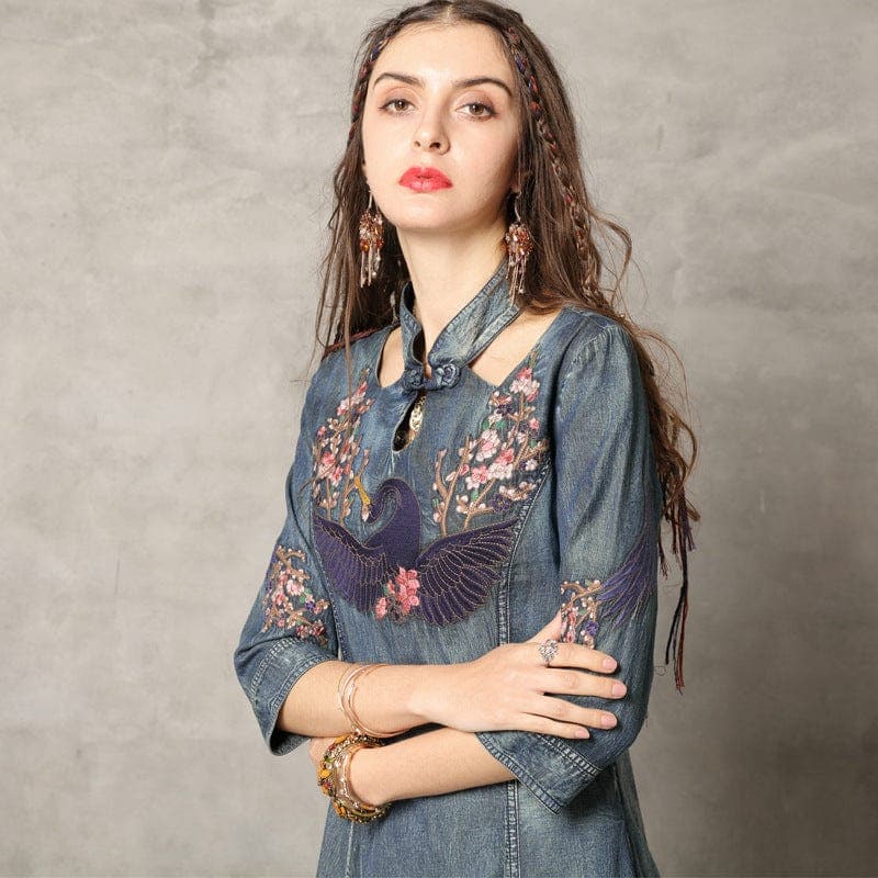 Swan Embroidered Denim Dresses Buddhatrends